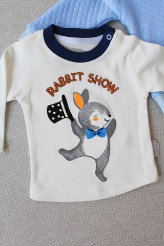 6-9-12 Ay Rabbit Şhow Nakışlı Kapşonlu Ceket Uzun Kollu Sweat Erkek Bebek 3lü Takım