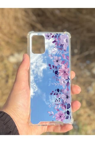 Samsung Galaxy A71 Uyumlu Aynalı Mor Çiçek Desenli Darbe Kamera Korumalı Silikon Telefon Kılıfı