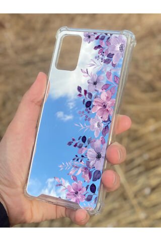 Samsung Galaxy A71 Uyumlu Aynalı Mor Çiçek Desenli Darbe Kamera Korumalı Silikon Telefon Kılıfı