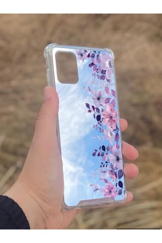 Samsung Galaxy A71 Uyumlu Aynalı Mor Çiçek Desenli Darbe Kamera Korumalı Silikon Telefon Kılıfı
