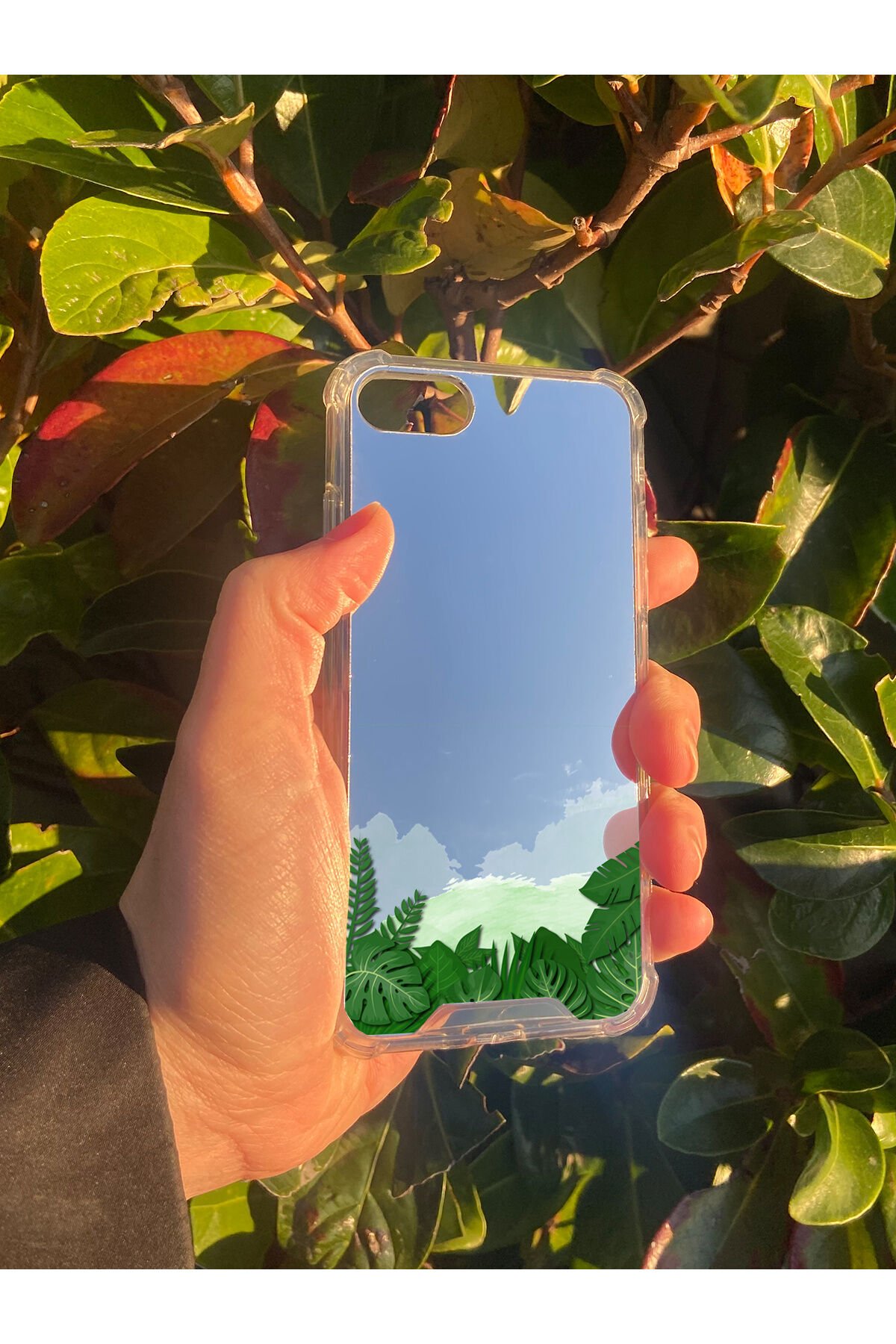 İphone SE Uyumlu Aynalı Yaprak Desenli Darbe Kamera Korumalı Silikon Telefon Kılıfı
