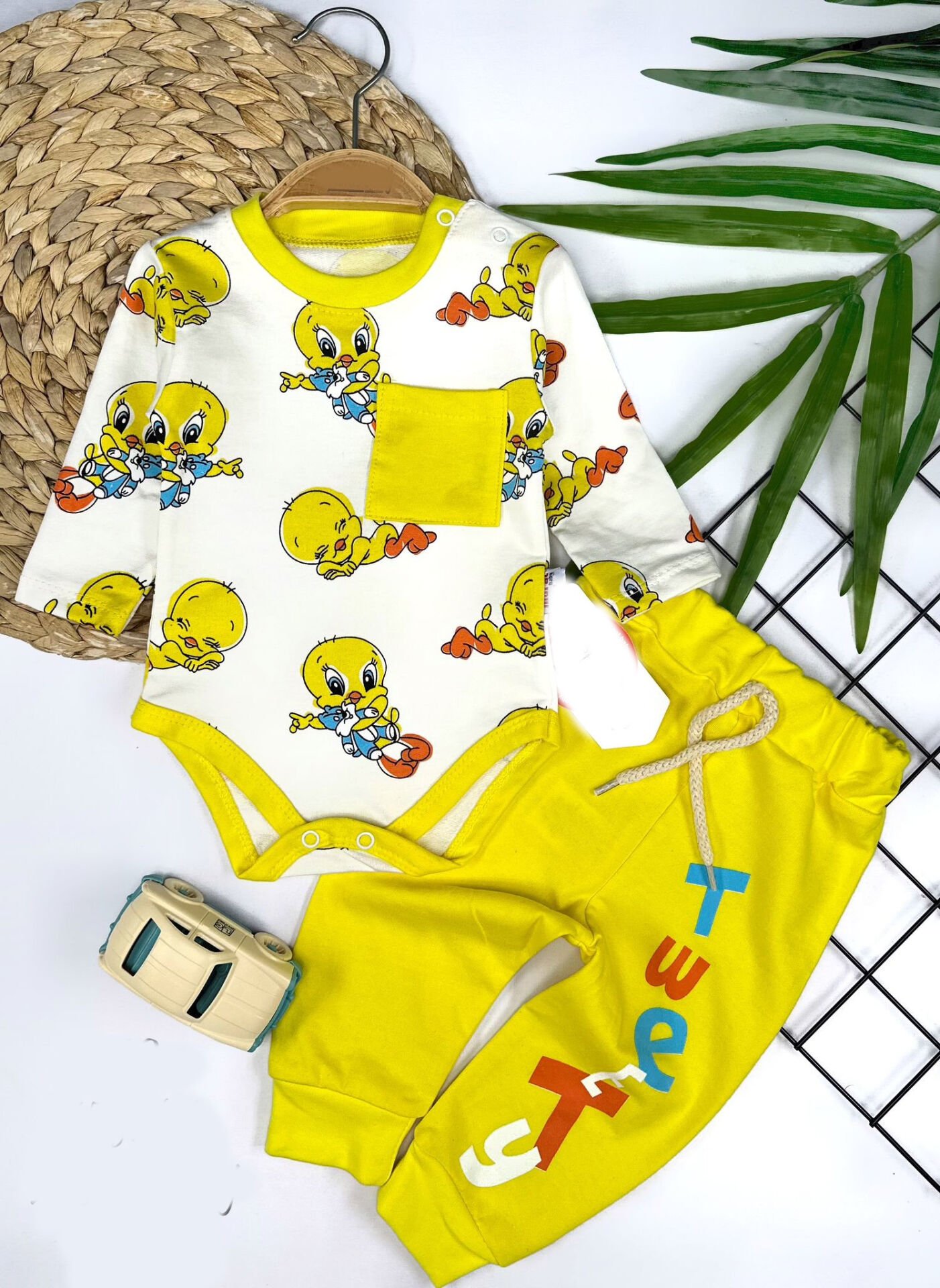 3-6-9-12 Ay Tweety Baskılı Yaka Çıtçıtlı Uzun Kollu Zıbınlı 2li Kız Erkek Bebek Takımı