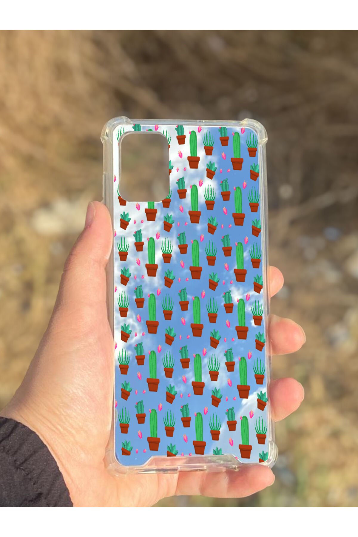 Samsung Galaxy A71 Uyumlu Aynalı Kaktüs Desenli Darbe Kamera Korumalı Silikon Telefon Kılıfı