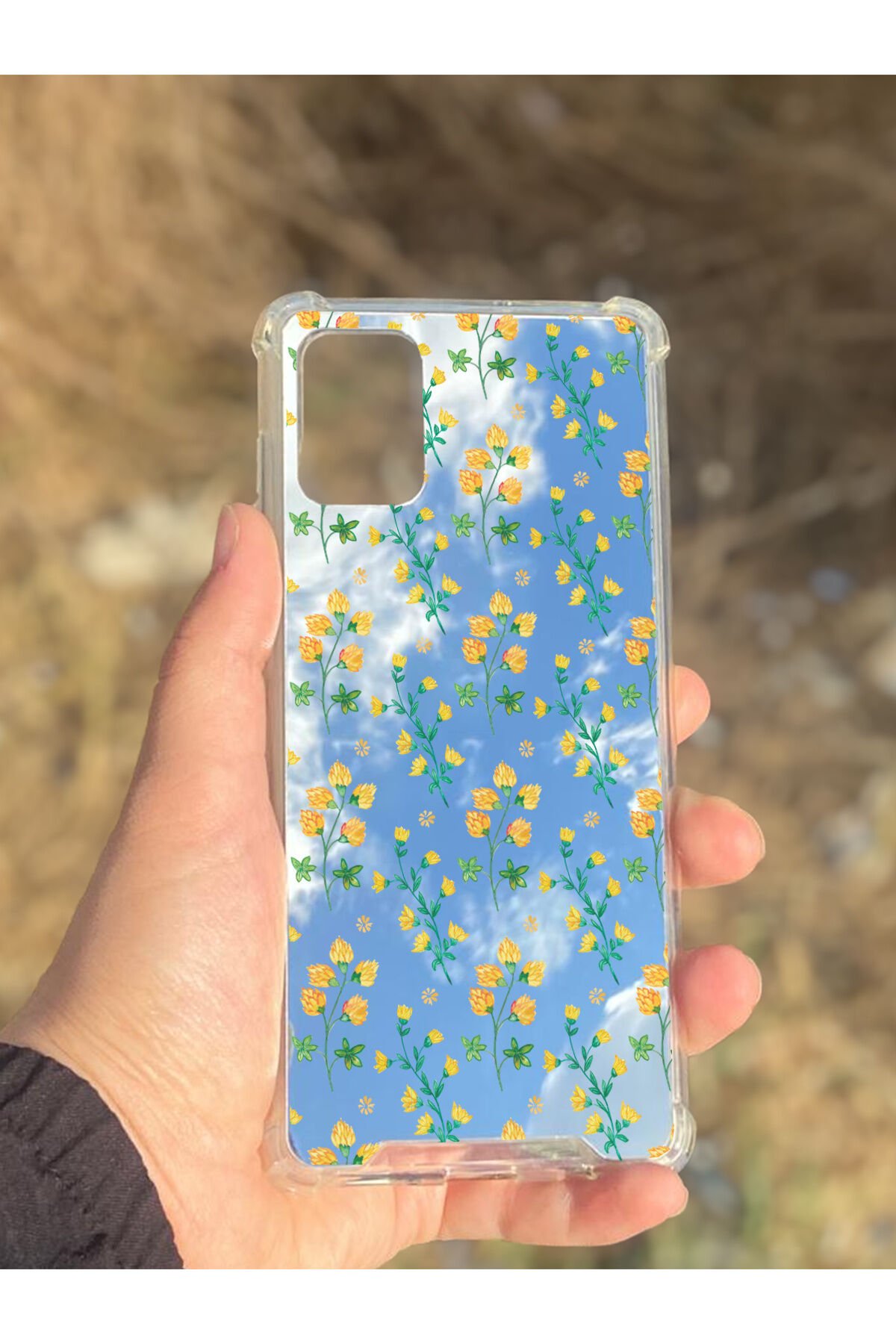 Samsung Galaxy A71 Uyumlu Aynalı Sarı Çiçek Desenli Darbe Kamera Korumalı Silikon Telefon Kılıfı