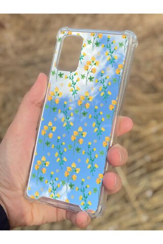Samsung Galaxy A71 Uyumlu Aynalı Sarı Çiçek Desenli Darbe Kamera Korumalı Silikon Telefon Kılıfı