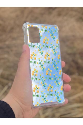 Samsung Galaxy A71 Uyumlu Aynalı Sarı Çiçek Desenli Darbe Kamera Korumalı Silikon Telefon Kılıfı