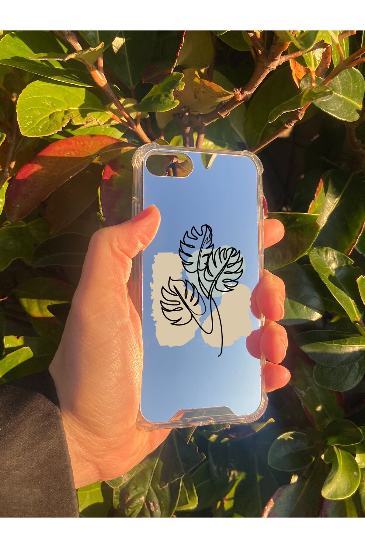 İphone SE Uyumlu Aynalı Monstera Desenli Darbe Kamera Korumalı Silikon Telefon Kılıfı