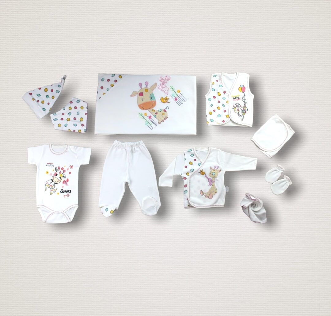 Love Zürafa Nakışlı %100 Cotton Antibakteriyel 10lu Zıbın Takımı Hastane Çıkışı