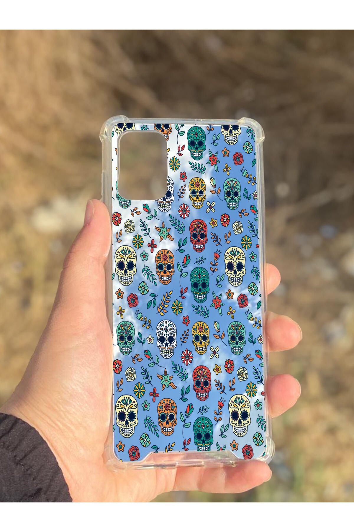 Samsung Galaxy A71 Uyumlu Aynalı Kuru Kafa Desenli Darbe Kamera Korumalı Silikon Telefon Kılıfı