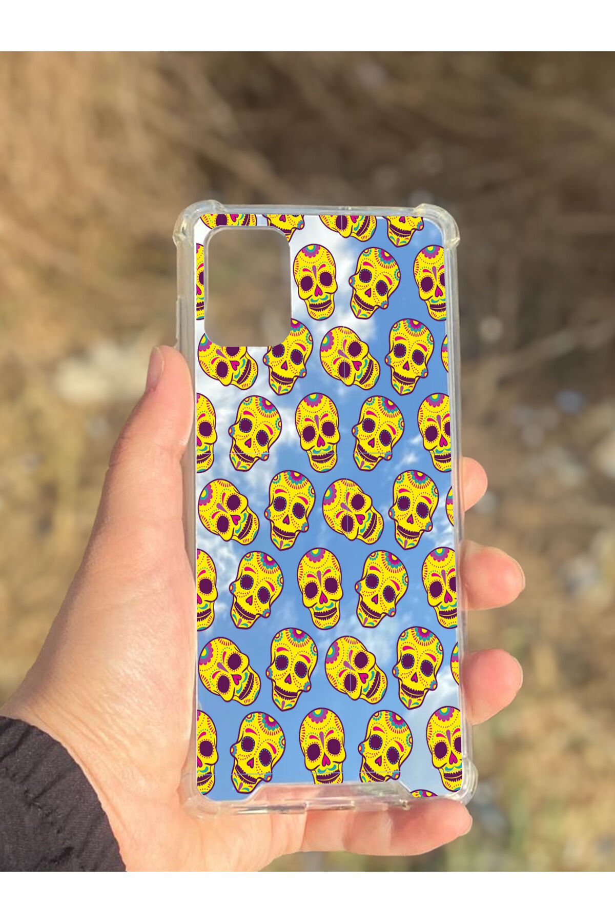 Samsung Galaxy A71 Uyumlu Aynalı Sarı Kuru Kafa Desenli Darbe Kamera Korumalı Silikon Telefon Kılıfı