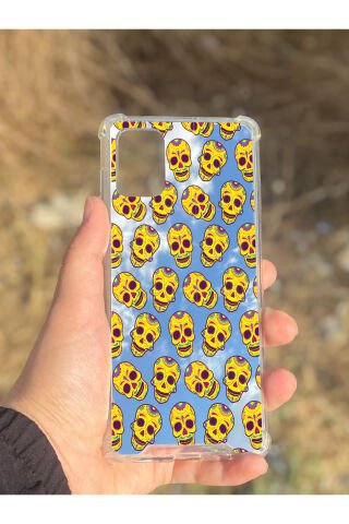 Samsung Galaxy A71 Uyumlu Aynalı Sarı Kuru Kafa Desenli Darbe Kamera Korumalı Silikon Telefon Kılıfı