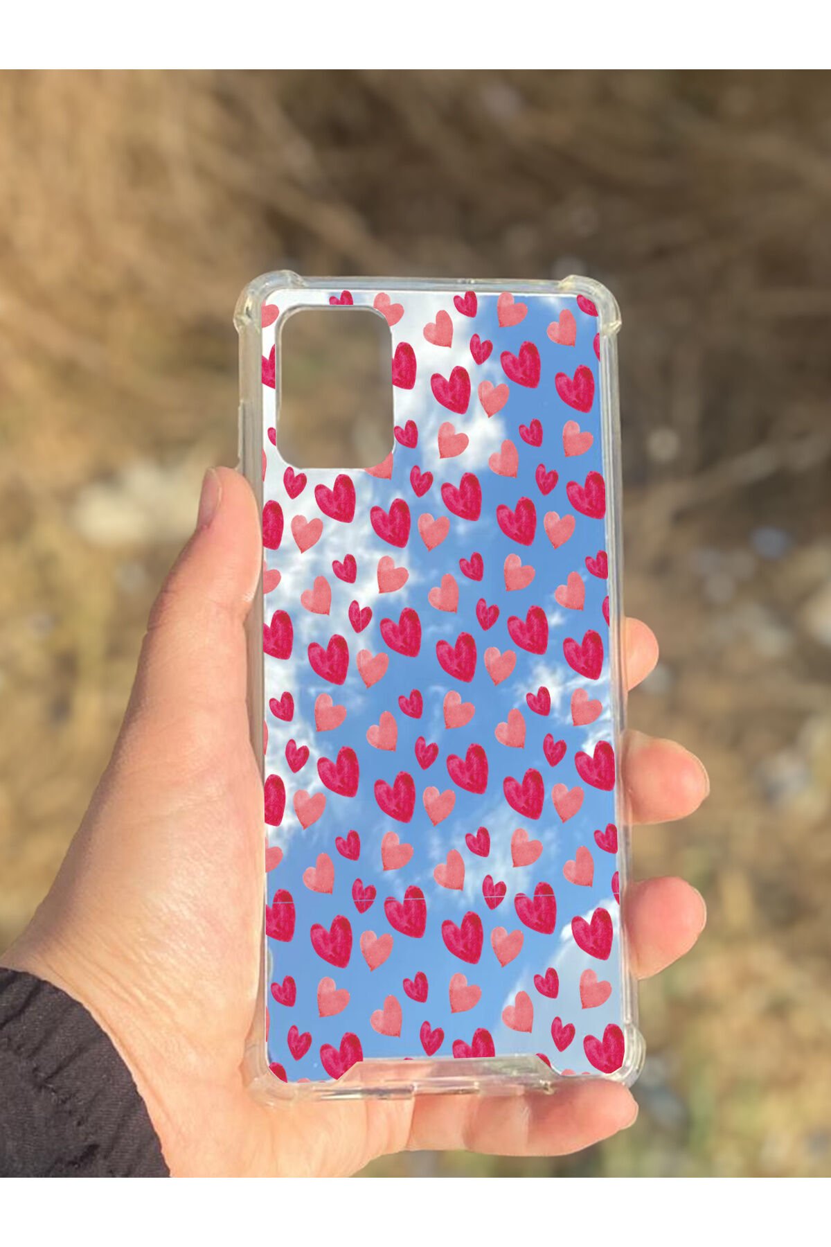 Samsung Galaxy A71 Uyumlu Aynalı Pembe Kalp Desenli Darbe Kamera Korumalı Silikon Telefon Kılıfı