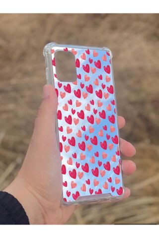 Samsung Galaxy A71 Uyumlu Aynalı Pembe Kalp Desenli Darbe Kamera Korumalı Silikon Telefon Kılıfı