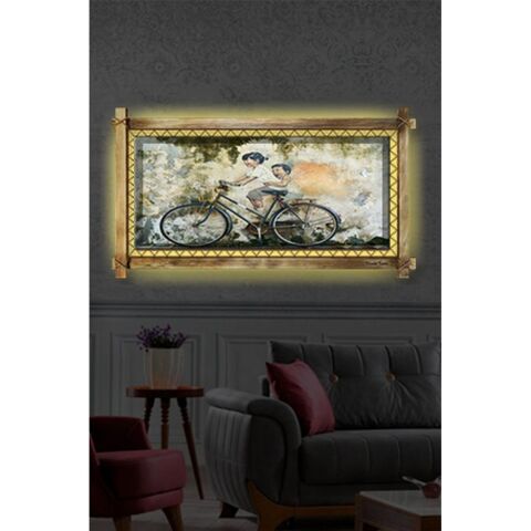 Kanvas Bisikletli Çocuk Led Işıklı Rustik Tablo - 96 x 66 cm