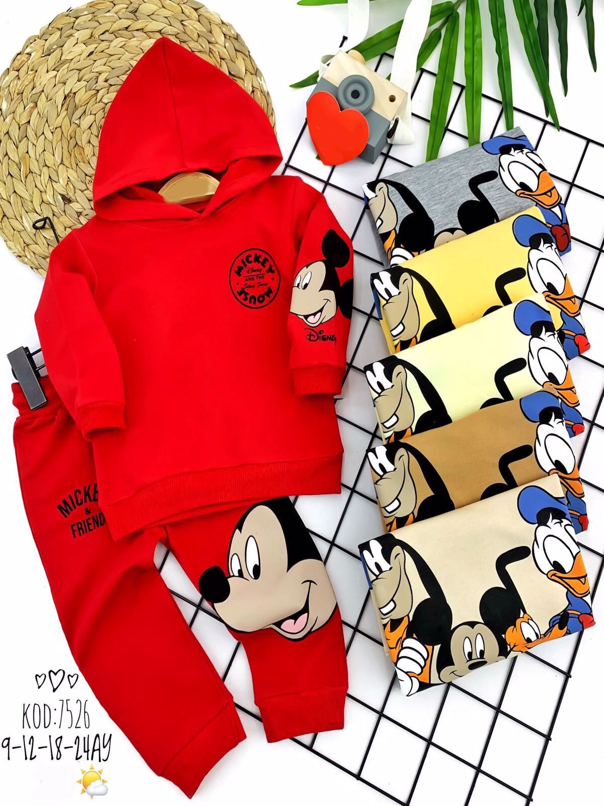 9-12-18-24 Ay Kapşonlu Mickey-arkadaşları Baskılı Sweat Pantolon 2 Li Kız Erkek Bebek Takımı