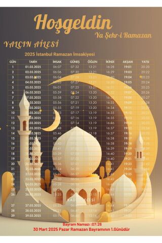 Ramazan İmsakiyesi Modern Kişiye Özel Tasarımlı Dijital Baskı 1 Adet A4 300 gr Model 23