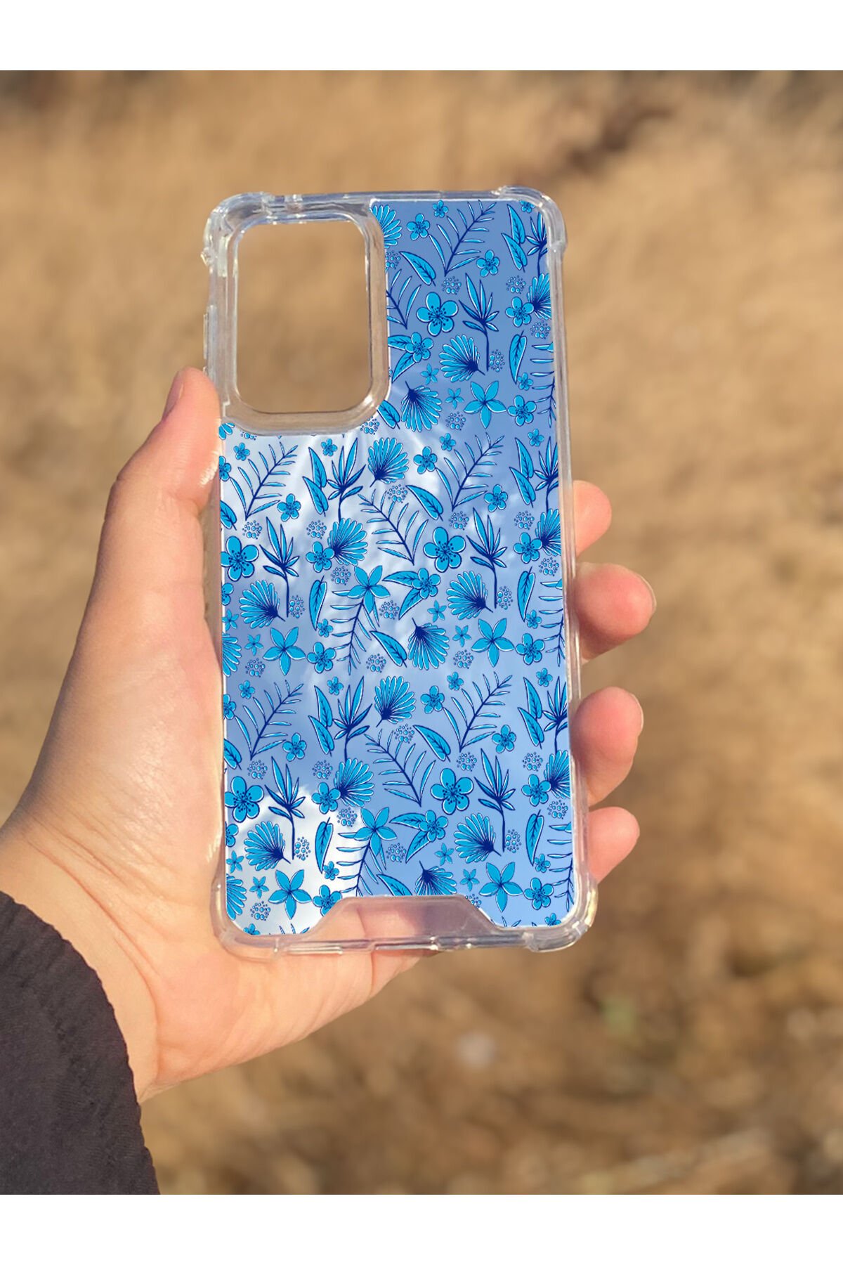 Samsung Galaxy A33 Uyumlu Aynalı Mavi Çiçek Desenli Darbe Kamera Korumalı Silikon Telefon Kılıfı