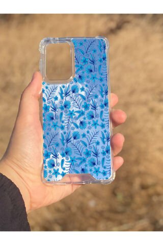 Samsung Galaxy A33 Uyumlu Aynalı Mavi Çiçek Desenli Darbe Kamera Korumalı Silikon Telefon Kılıfı