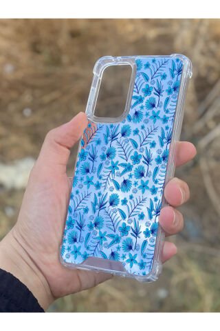 Samsung Galaxy A33 Uyumlu Aynalı Mavi Çiçek Desenli Darbe Kamera Korumalı Silikon Telefon Kılıfı