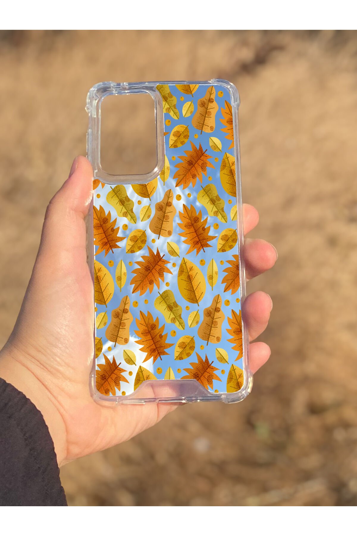 Samsung Galaxy A33 Uyumlu Aynalı Kahve Yaprak Desenli Darbe Kamera Korumalı Silikon Telefon Kılıfı