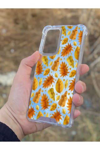 Samsung Galaxy A33 Uyumlu Aynalı Kahve Yaprak Desenli Darbe Kamera Korumalı Silikon Telefon Kılıfı