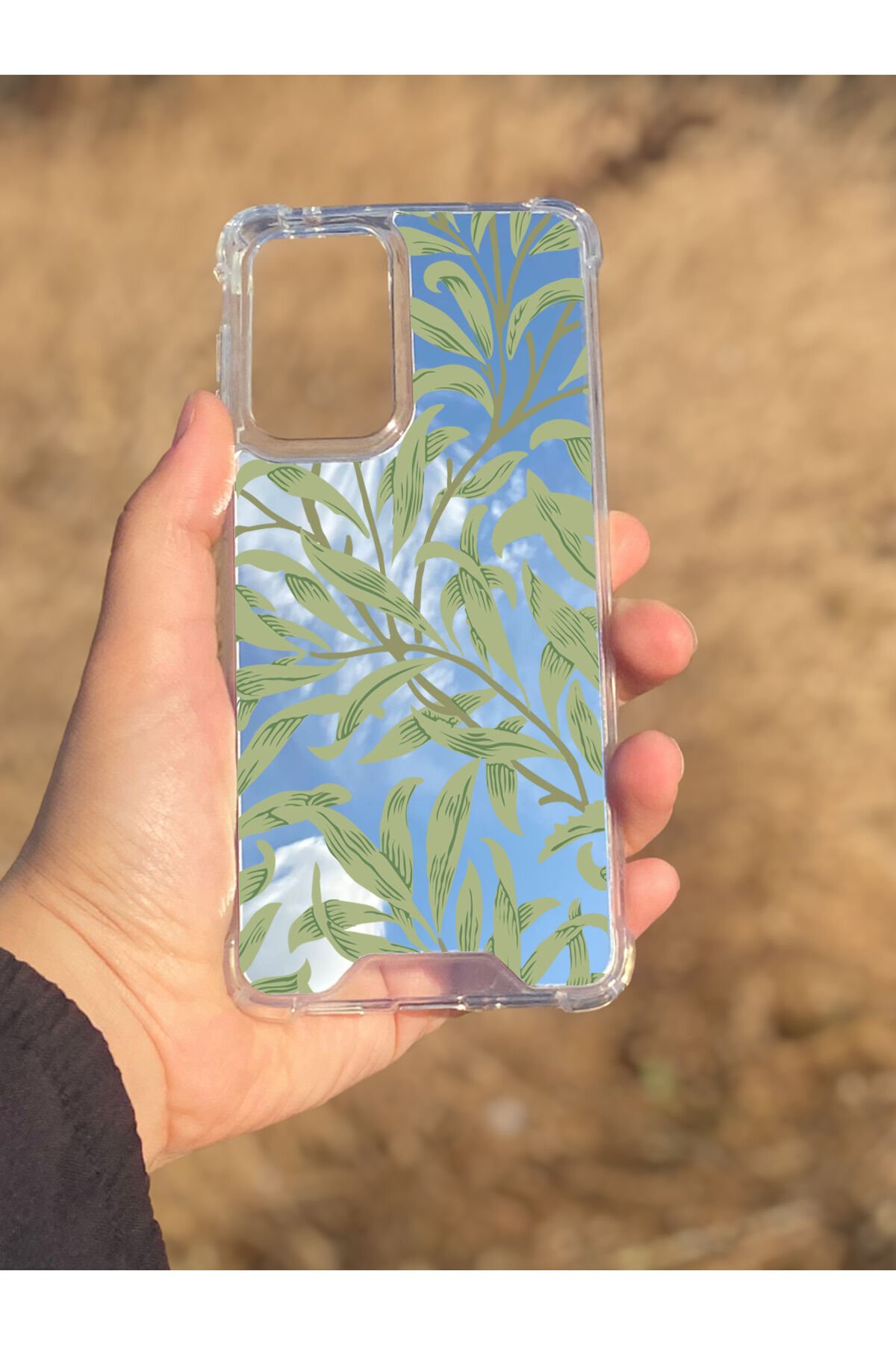 Samsung Galaxy A33 Uyumlu Aynalı Yeşil Yaprak Desenli Darbe Kamera Korumalı Silikon Telefon Kılıfı