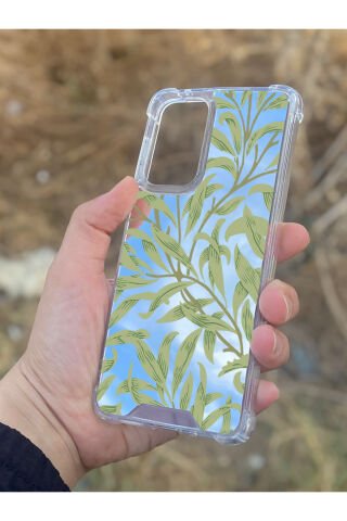 Samsung Galaxy A33 Uyumlu Aynalı Yeşil Yaprak Desenli Darbe Kamera Korumalı Silikon Telefon Kılıfı