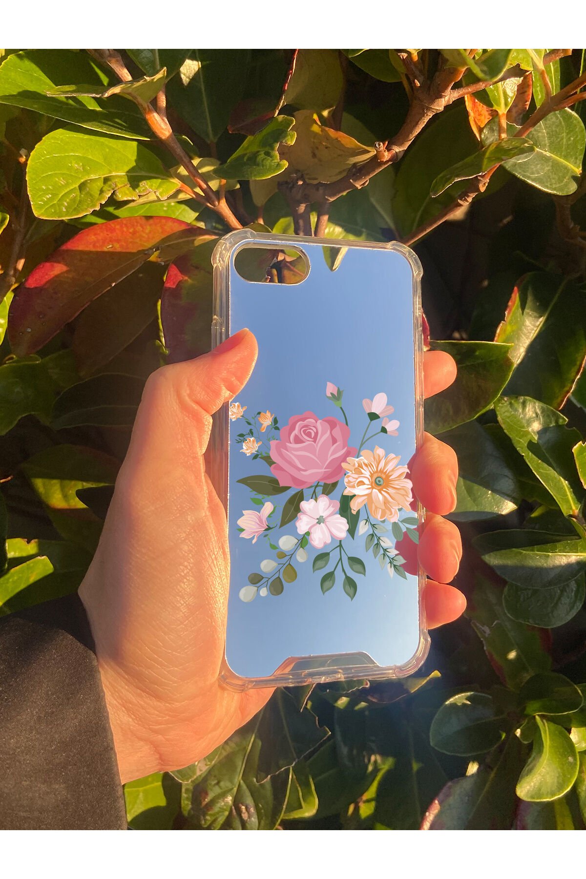 İphone SE 2022 Uyumlu Aynalı Pembe Çiçek Desenli Darbe Kamera Korumalı Silikon Telefon Kılıfı