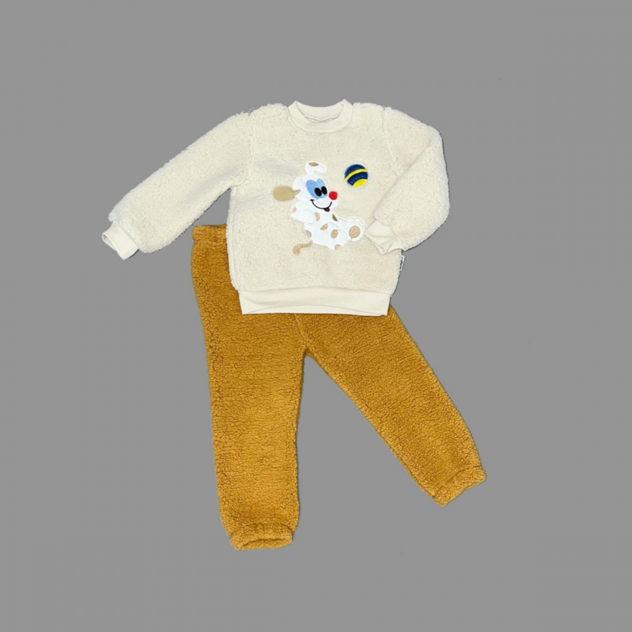 1-2-3 Yaş Toplu Köpek Nakışlı Kuzu Kumaş Sweat Pantolonlu Uzun Kollu Kız Erkek Bebek Takımı