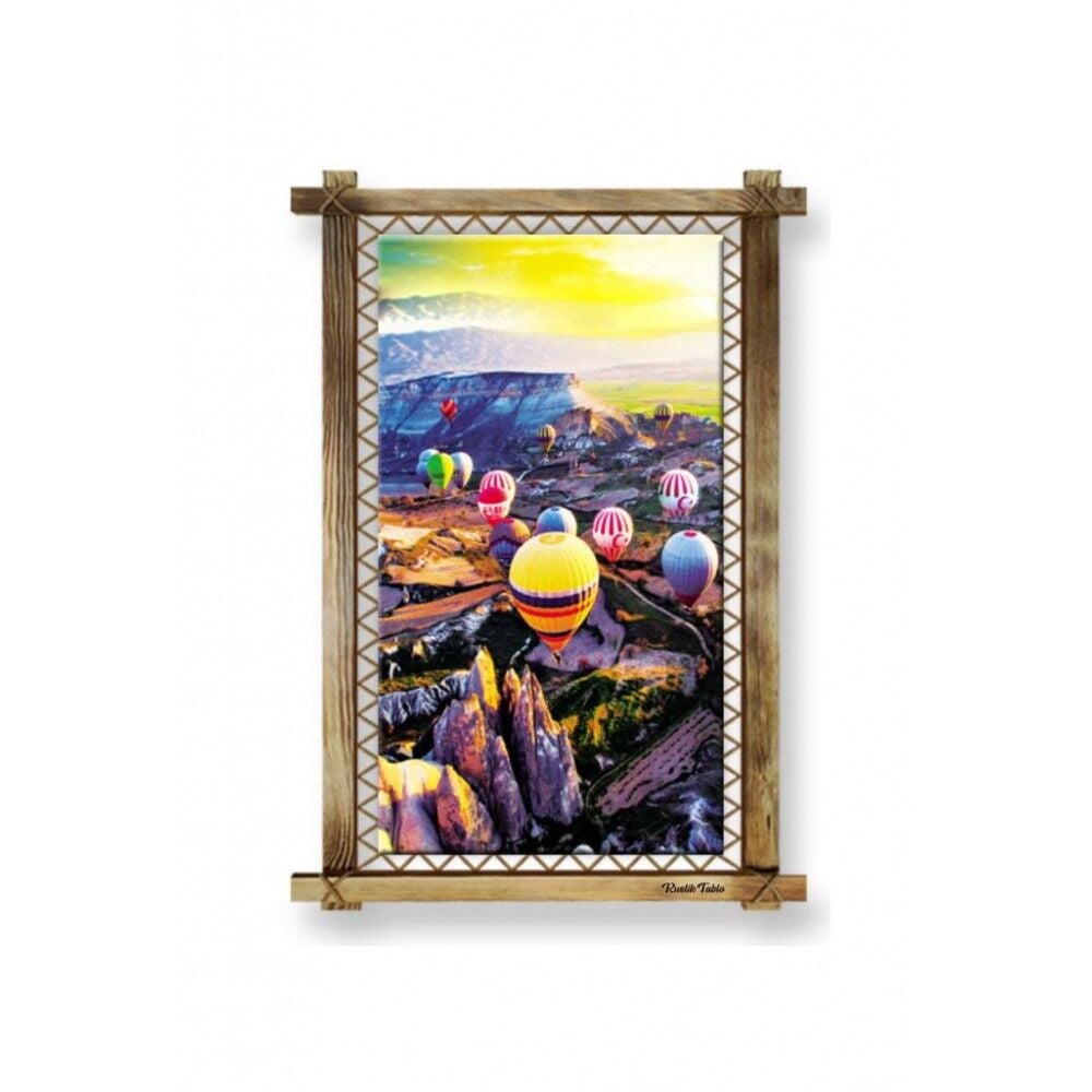 Kanvas Kapadokya Uçan Balon Led Işıklı Rustik Tablo - 96 x 66 cm