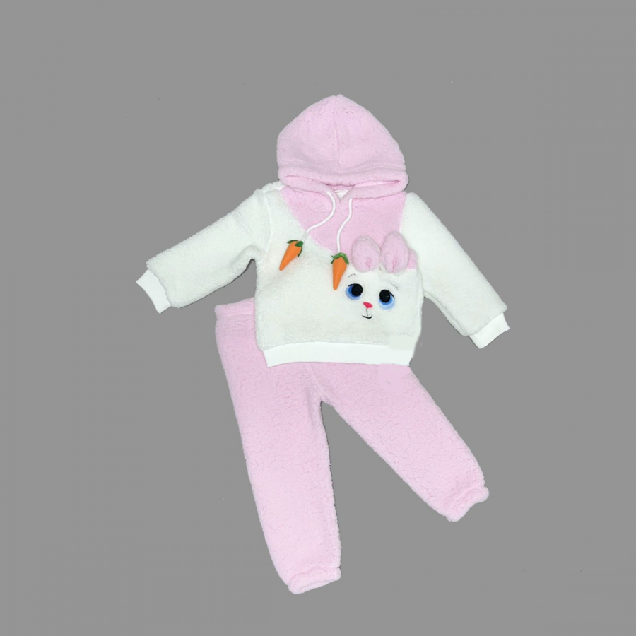 1-2-3 Yaş Kulaklı Tavşan Havuç İpli Kapşonlu Kuzu Kumaş Sweat Pantolon Uzun Kollu Kız Erkek 2 Li Takımı