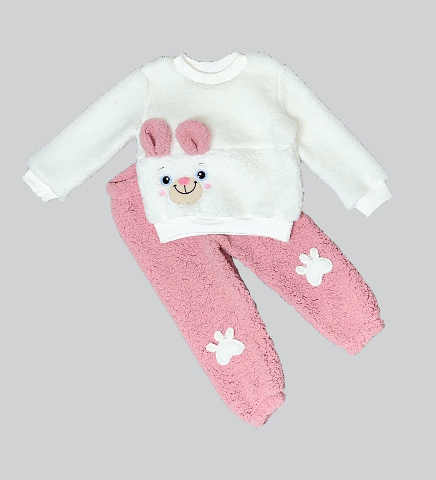 1-2-3 Yaş Kulaklı Patili Ayıcık Kuzu Kumaş Sweat Patili Pantolon Uzun Kollu Kız Erkek 2 Li Takımı