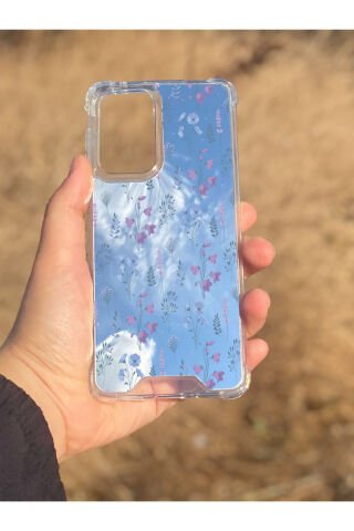 Samsung Galaxy A33 Uyumlu Aynalı Mor Çiçek Desenli Darbe Kamera Korumalı Silikon Telefon Kılıfı