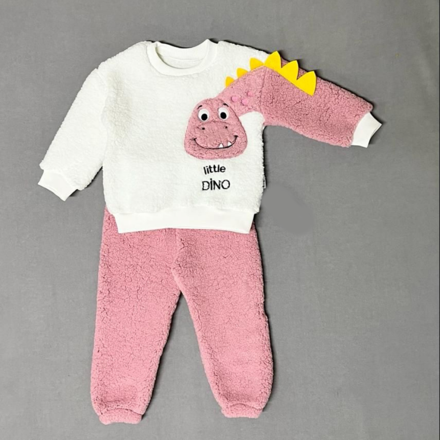 1-2-3 Yaş Minik Dino Kollu Kuzu Kumaş Sweat Pantolon Uzun Kollu Kız Erkek 2 Li Takımı