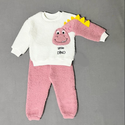 1-2-3 Yaş Minik Dino Kollu Kuzu Kumaş Sweat Pantolon Uzun Kollu Kız Erkek 2 Li Takımı
