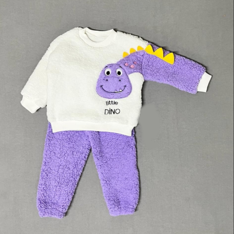 1-2-3 Yaş Minik Dino Kollu Kuzu Kumaş Sweat Pantolon Uzun Kollu Kız Erkek 2 Li Takımı