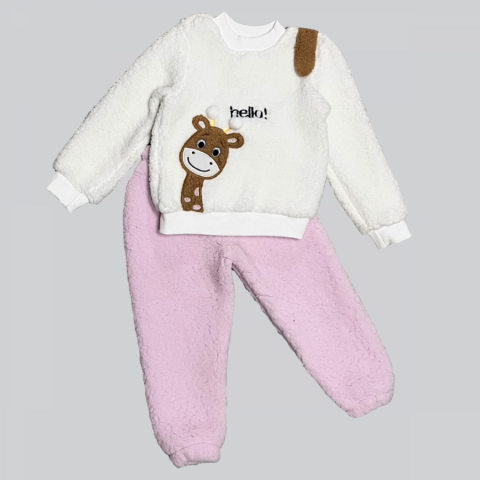 1-2-3 Yaş Hello Zürafa Nakışlı Kuzu Kumaş Sweat Pantolon Uzun Kollu Kız Erkek 2 Li Takımı