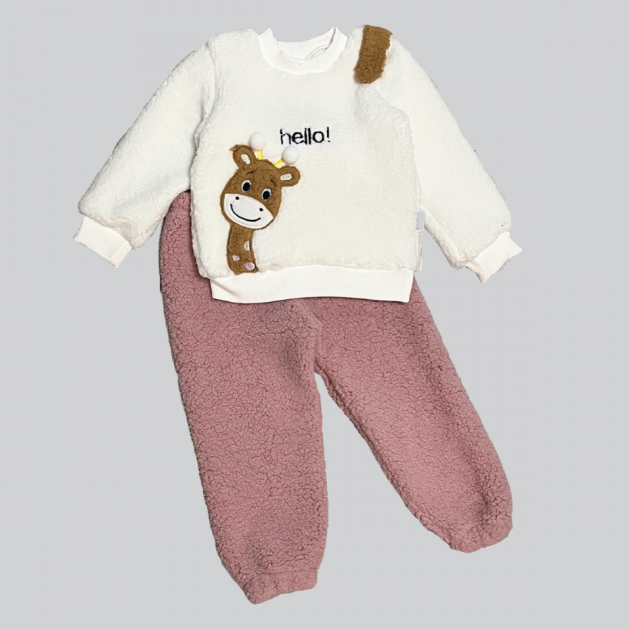 1-2-3 Yaş Hello Zürafa Nakışlı Kuzu Kumaş Sweat Pantolon Uzun Kollu Kız Erkek 2 Li Takımı