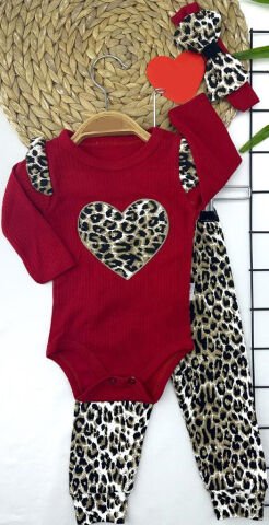 3-6-9-12 Ay Leopar Kalp Desenli Uzun Kollu Body Leopar Pantolon Bandanalı 3lü Kız Bebek Takımı
