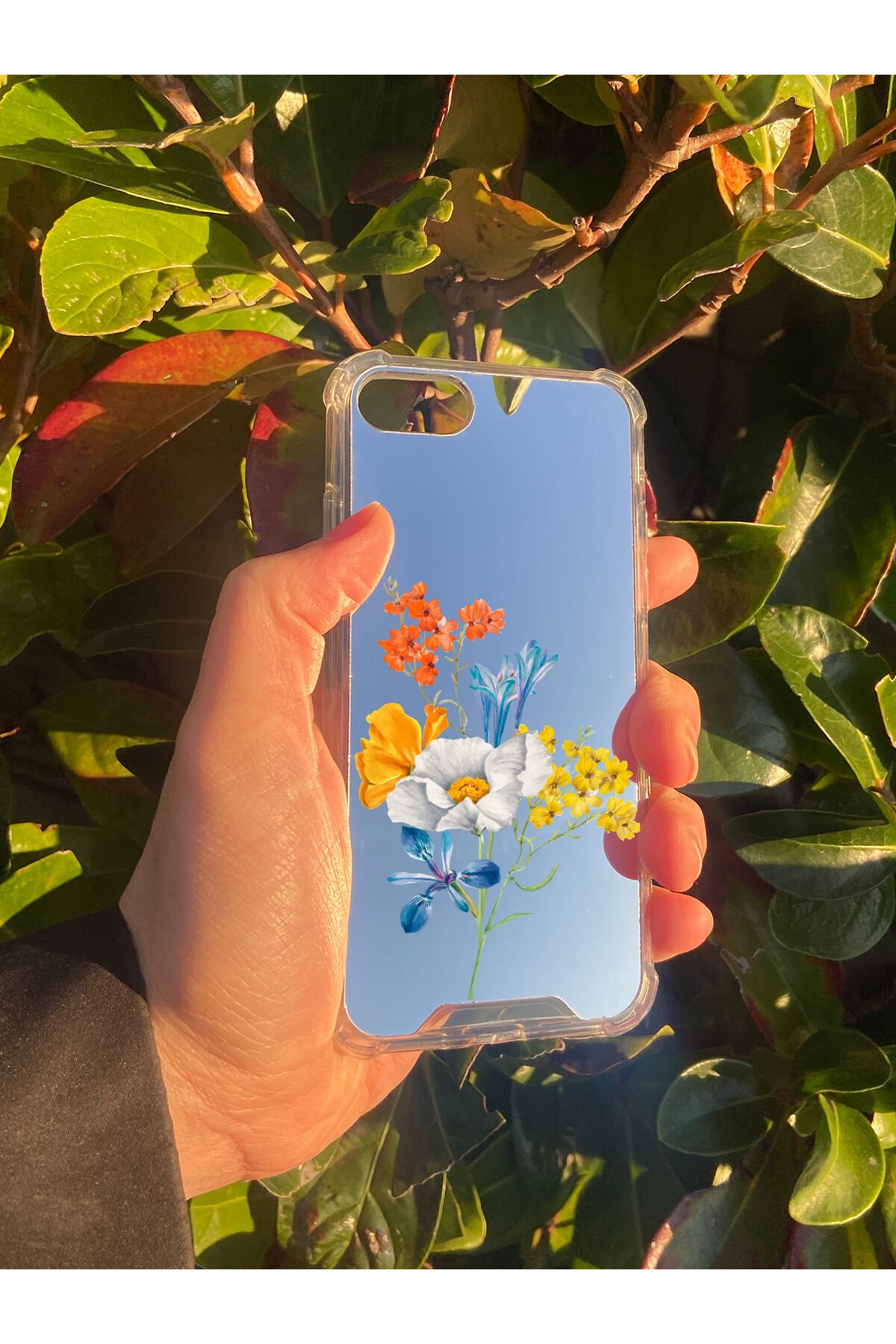 İphone SE 2022 Uyumlu Aynalı Sümbül Desenli Darbe Kamera Korumalı Silikon Telefon Kılıfı