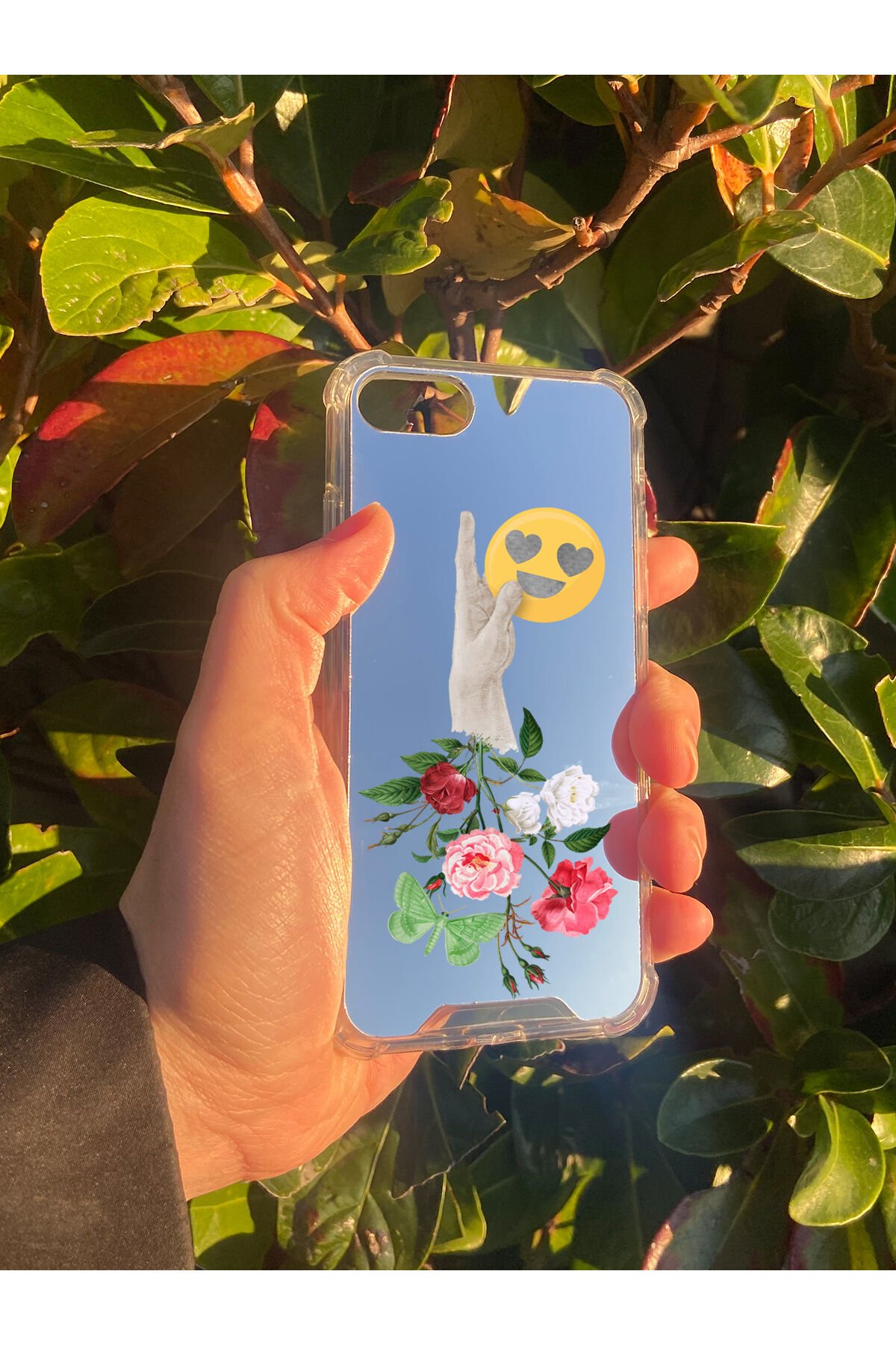 İphone SE 2022 Uyumlu Aynalı El Emoji Desenli Darbe Kamera Korumalı Silikon Telefon Kılıfı