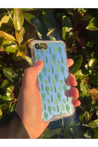 İphone SE 2022 Uyumlu Aynalı Kaktüs Desenli Darbe Kamera Korumalı Silikon Telefon Kılıfı