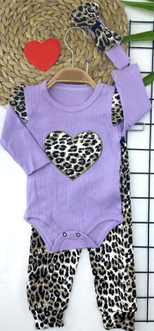 3-6-9-12 Ay Leopar Kalp Desenli Uzun Kollu Body Leopar Pantolon Bandanalı 3lü Kız Bebek Takımı