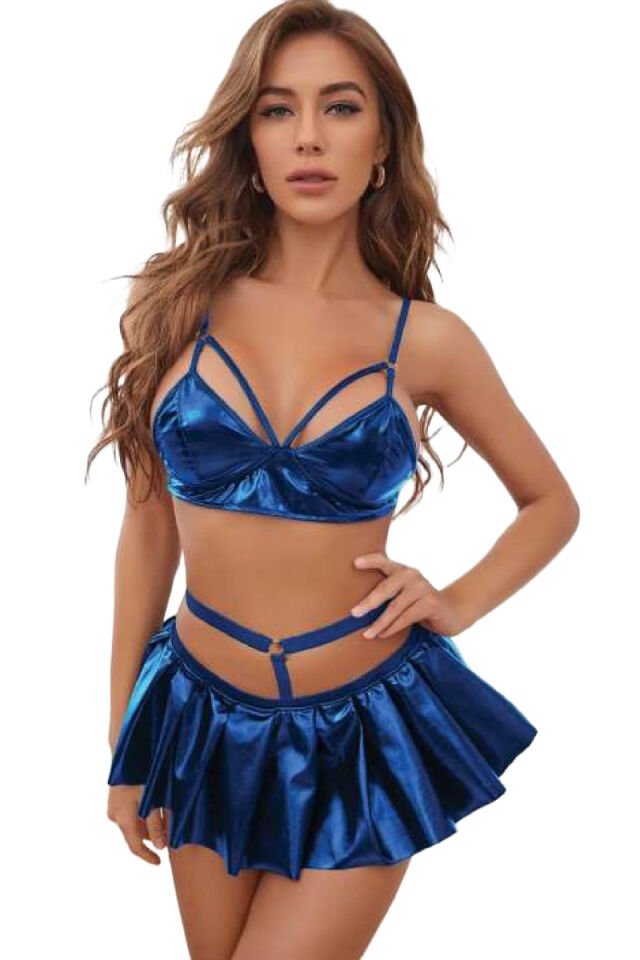 Kadın Fantezi Deri Kostüm Harness Erotik Kıyafet D21028 Mavi