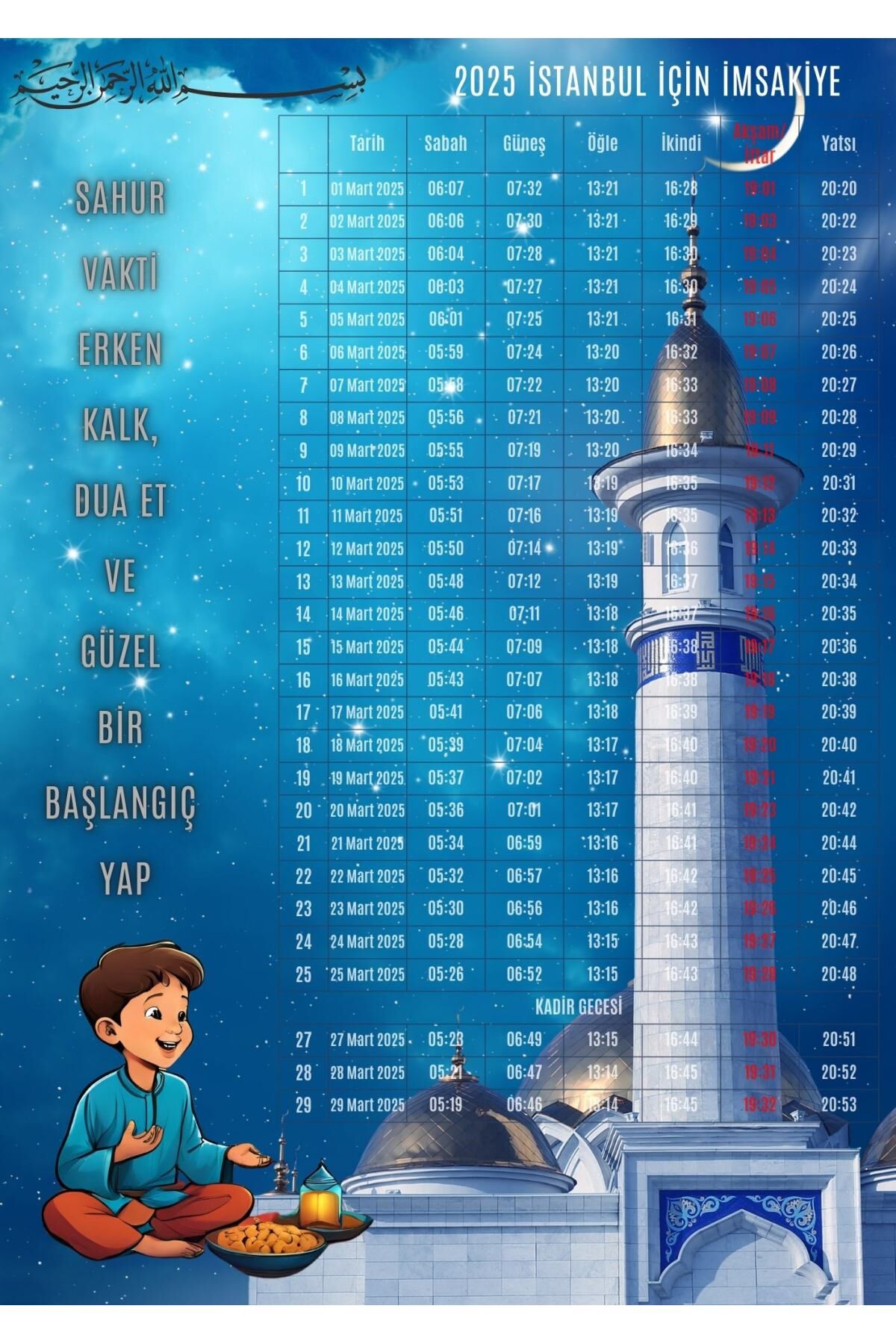 Ramazan İmsakiyesi Modern Kişiye Özel Tasarımlı Dijital Baskı 2 Adet A4 300 gr Model 2