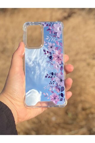 Samsung Galaxy A33 Uyumlu Aynalı Mor Çiçek Desenli Darbe Kamera Korumalı Silikon Telefon Kılıfı