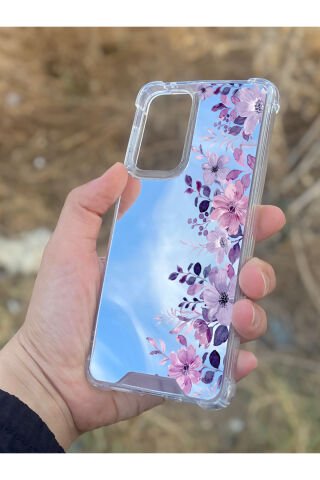 Samsung Galaxy A33 Uyumlu Aynalı Mor Çiçek Desenli Darbe Kamera Korumalı Silikon Telefon Kılıfı