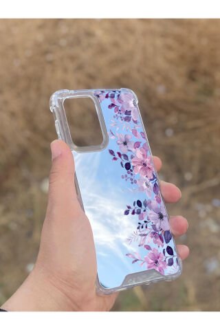 Samsung Galaxy A33 Uyumlu Aynalı Mor Çiçek Desenli Darbe Kamera Korumalı Silikon Telefon Kılıfı