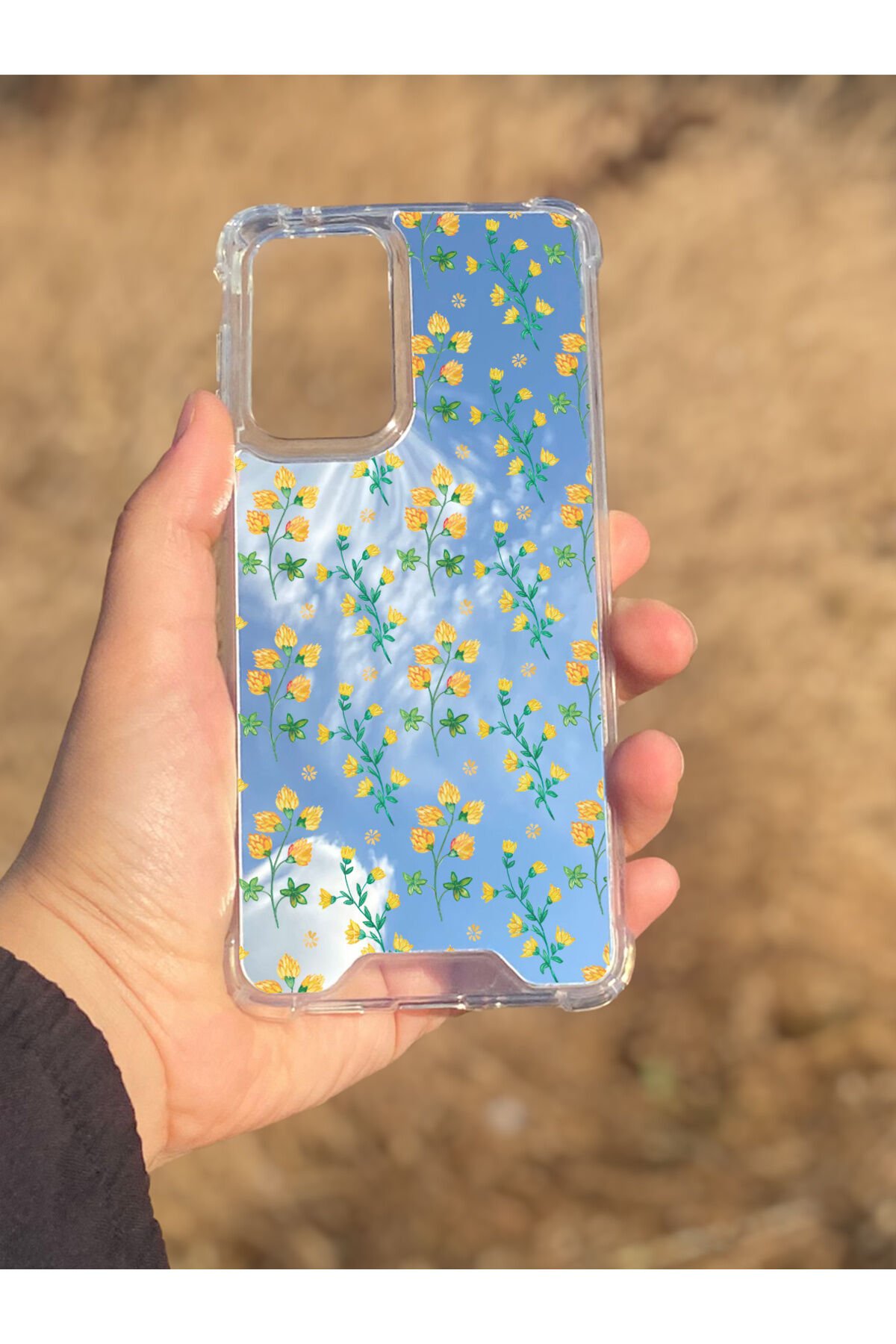 Samsung Galaxy A33 Uyumlu Aynalı Sarı Çiçek Desenli Darbe Kamera Korumalı Silikon Telefon Kılıfı