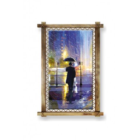 Kanvas Şemsiyeli Adam Led Işıklı Rustik Tablo - 96 x 66 cm